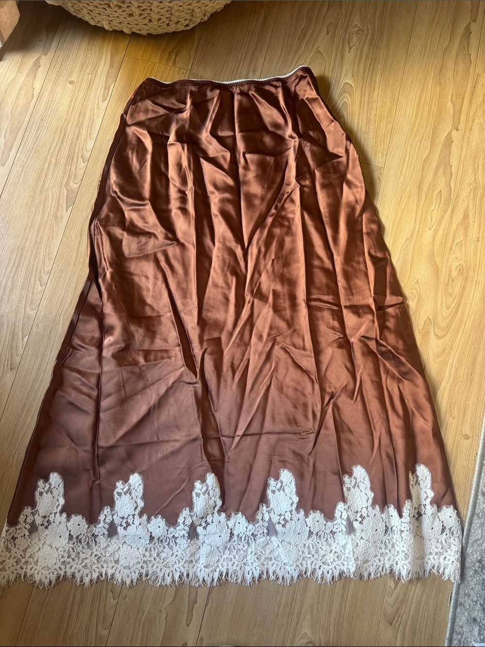 Banana Republic Copper-Brown Satin Maxi Skirt with White Lace Hem